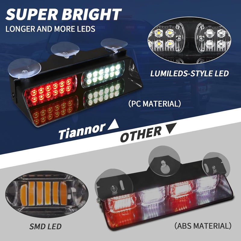 Tiannor Emergency Dash Strobe Lights,Red White Safety Flashing Warning Hazard Windshield Visor Light Bars,Traffic Advisor Light Bar for Volunteer Firefighter Vehicles, Trucks Cars(2x9 inch, 48LEDs) - Image 2